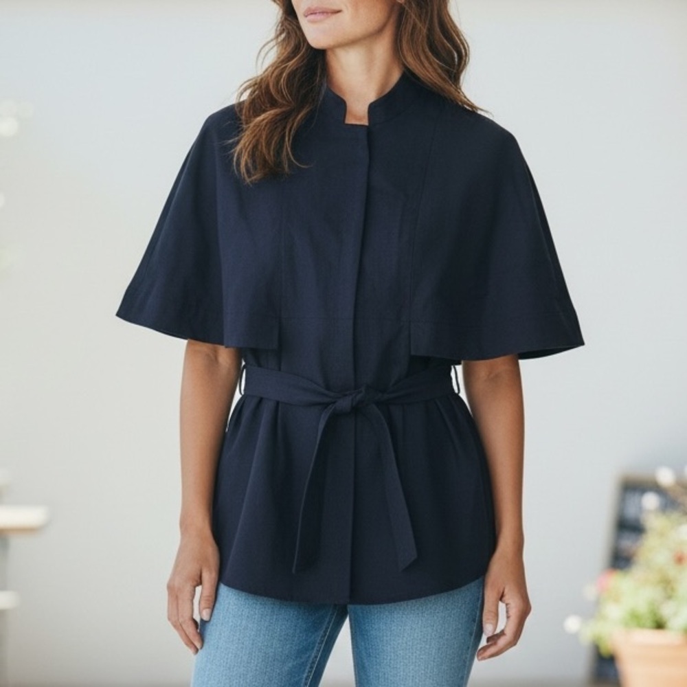 Charlotte Brody Navy Blue Cape Waist Tie Blazer Jacket